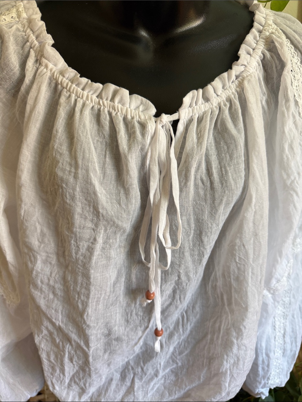 Boho Women’s White Peasant Blouse with beaded Tie Neck - Picture 3 of 5